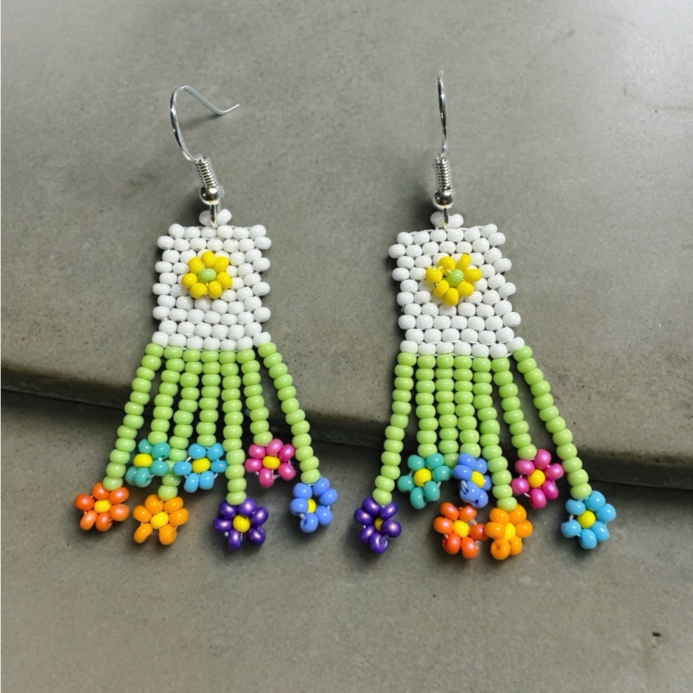 Seed Bead Beaded Flower Earrings for Summer‎ Colorful Flowers 2” Long Handmade